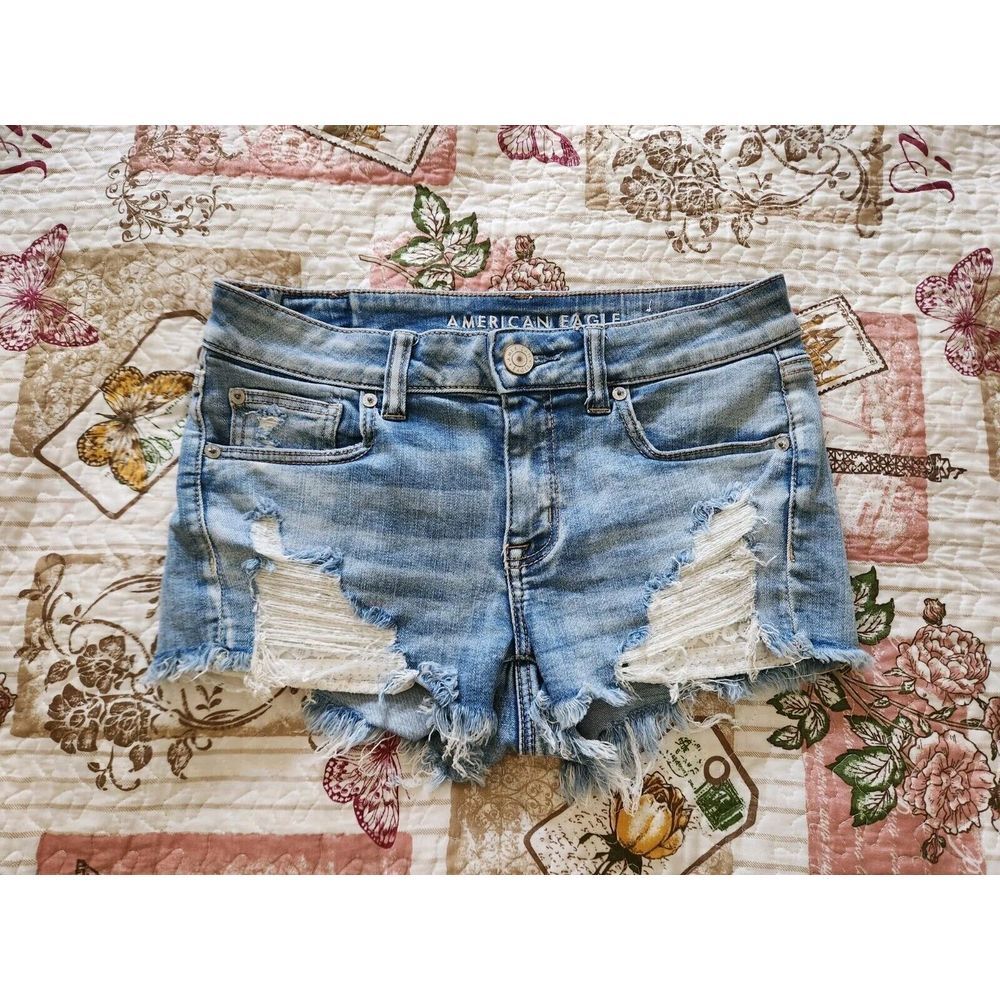 American Eagle Women's Shortie Denim Shorts Stretch Distressed Blue Size 4
